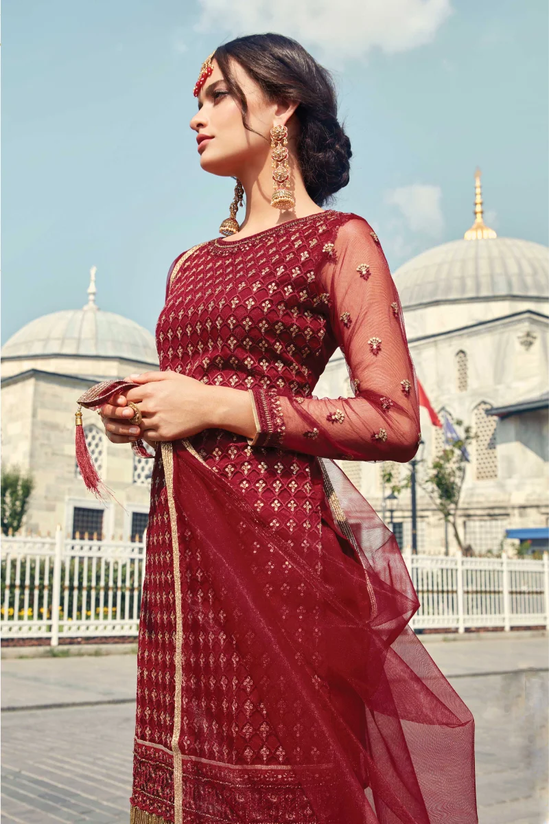 Maroon Net Straight Sharara Suit