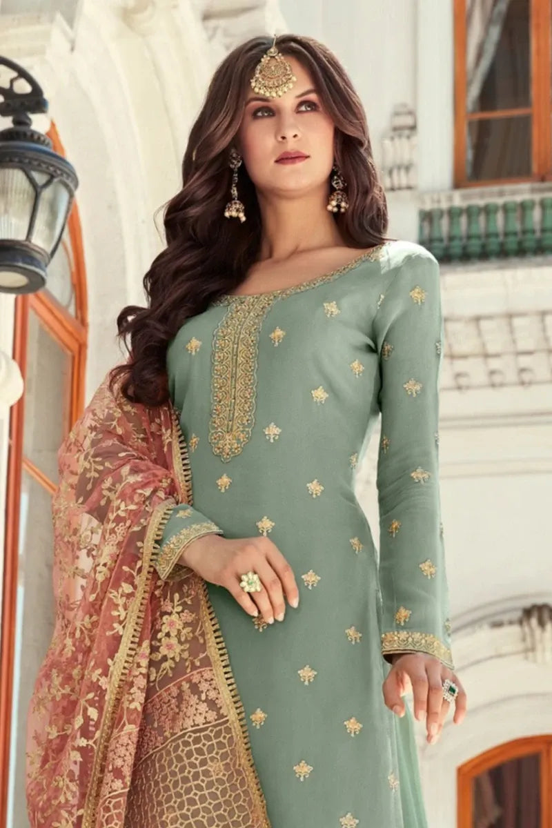 Rose Gold and Blue Straight Suit with Palazzo in Georgette