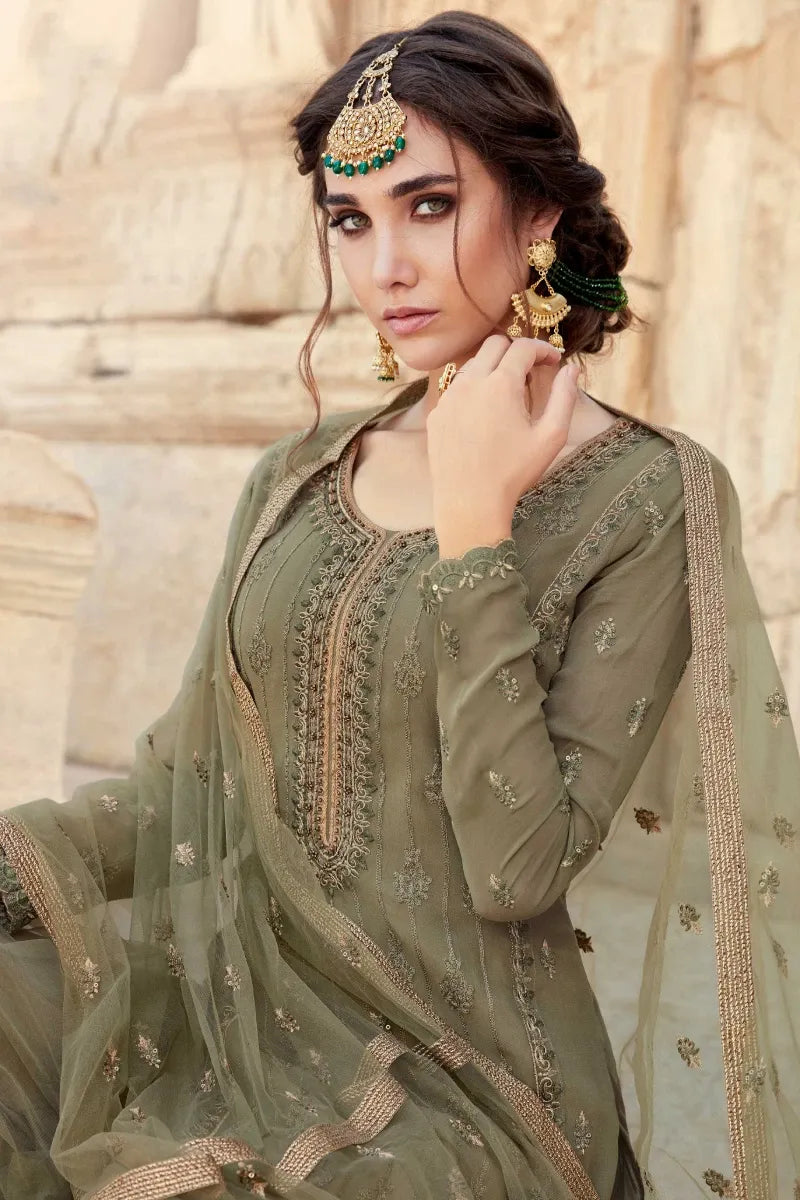 Green Georgette Straight Palazzo Suit