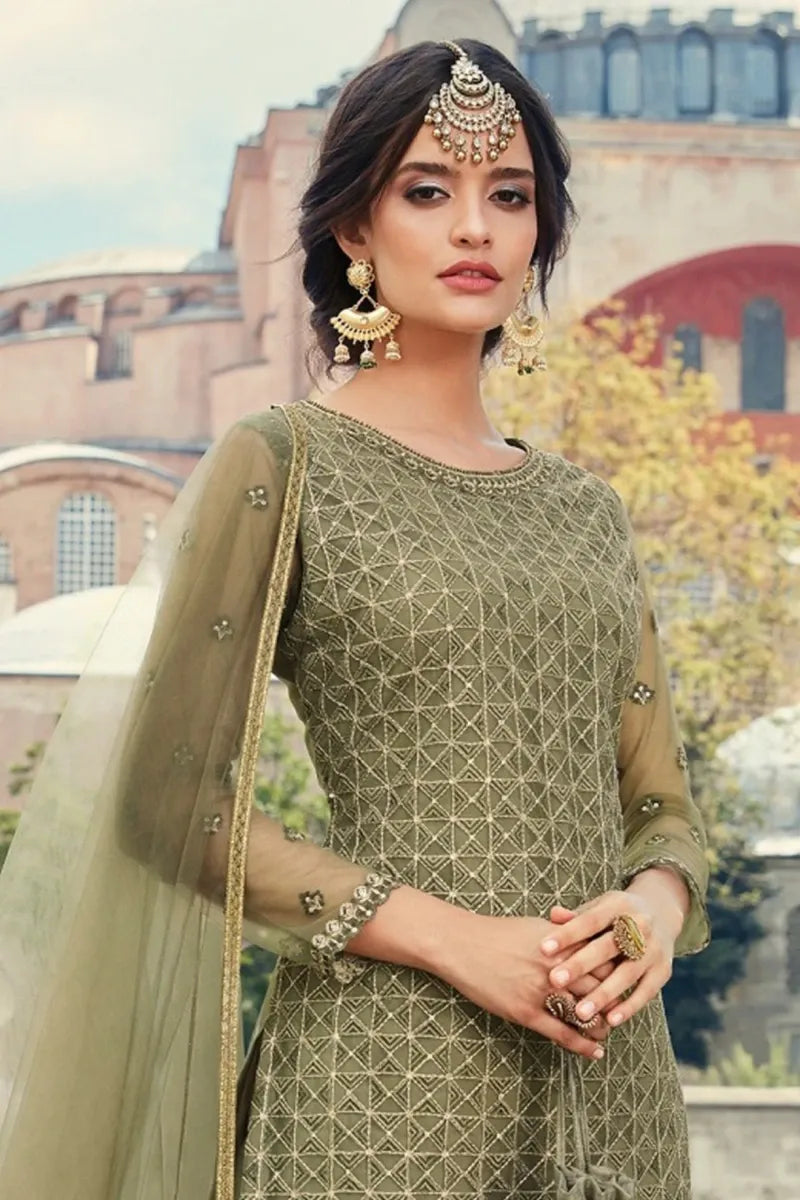 Olive Green Net Sharara Suit