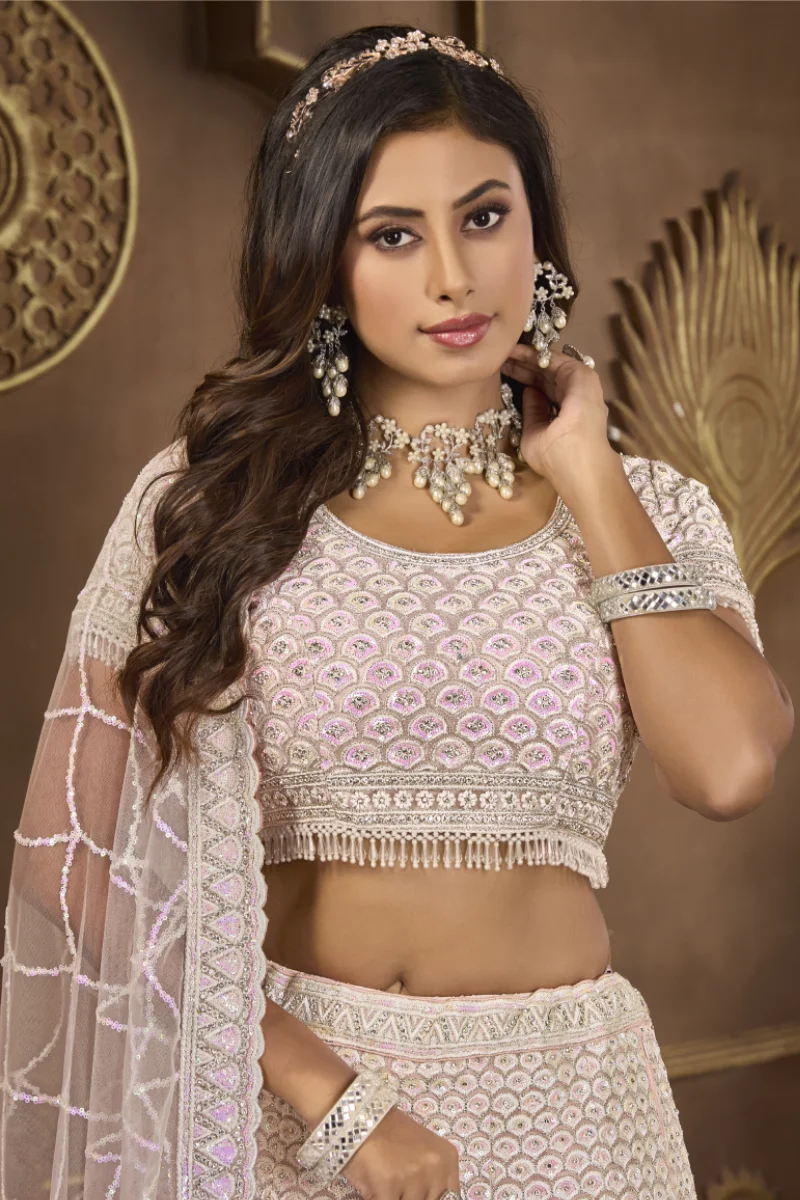 Light Pink Net Bridal Lehenga Choli with Embroidery and Sequins