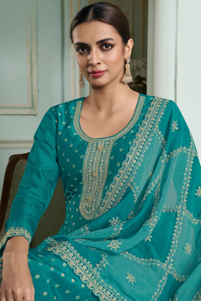 Green Embroidered Salwar Suit in Jacquard