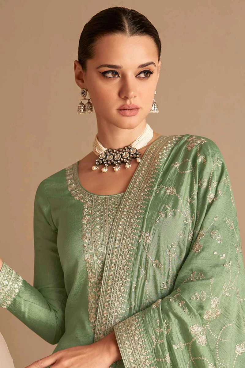 Dusty Green Embroidered Silk Palazzo Suit