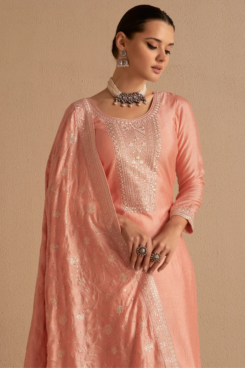 Peach Embroidered Silk Palazzo Suit