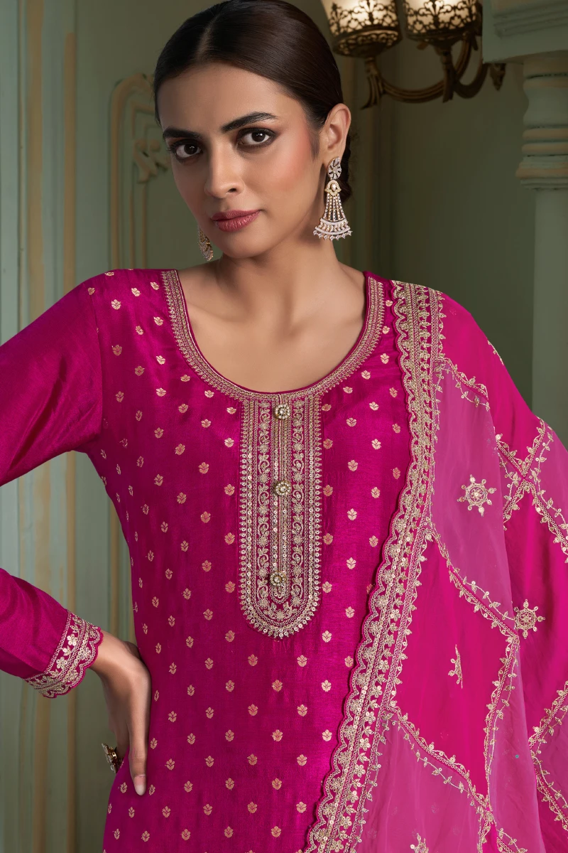 Pink Embroidered Salwar Suit in Jacquard