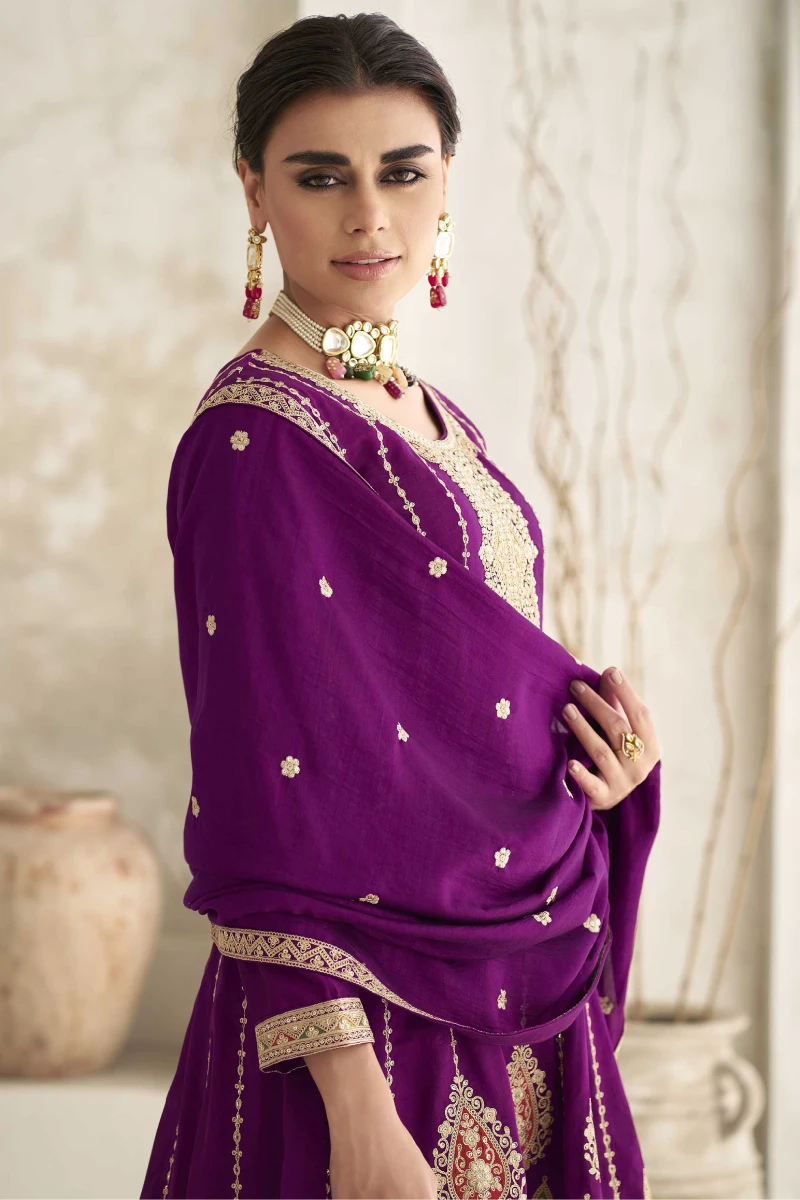 Wine Art Silk Anarkali Suit with Pant & Dupatta