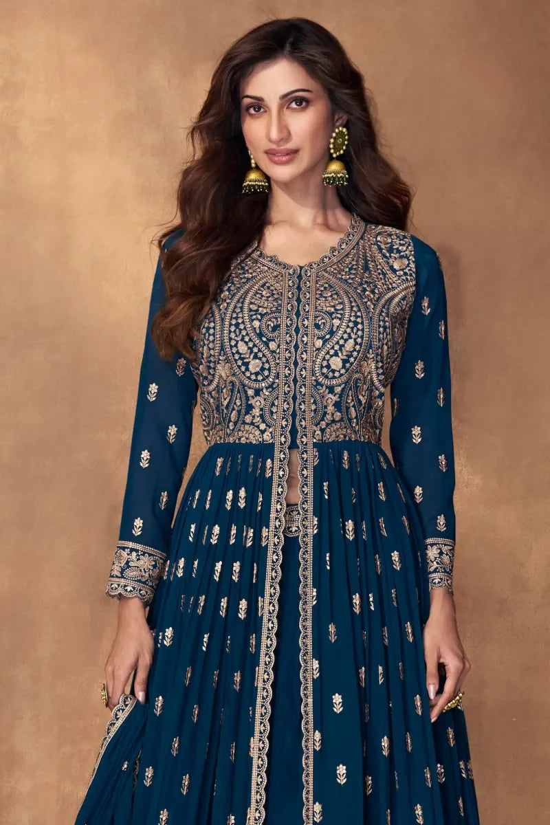 Blue Georgette Anarkali Lehenga Set