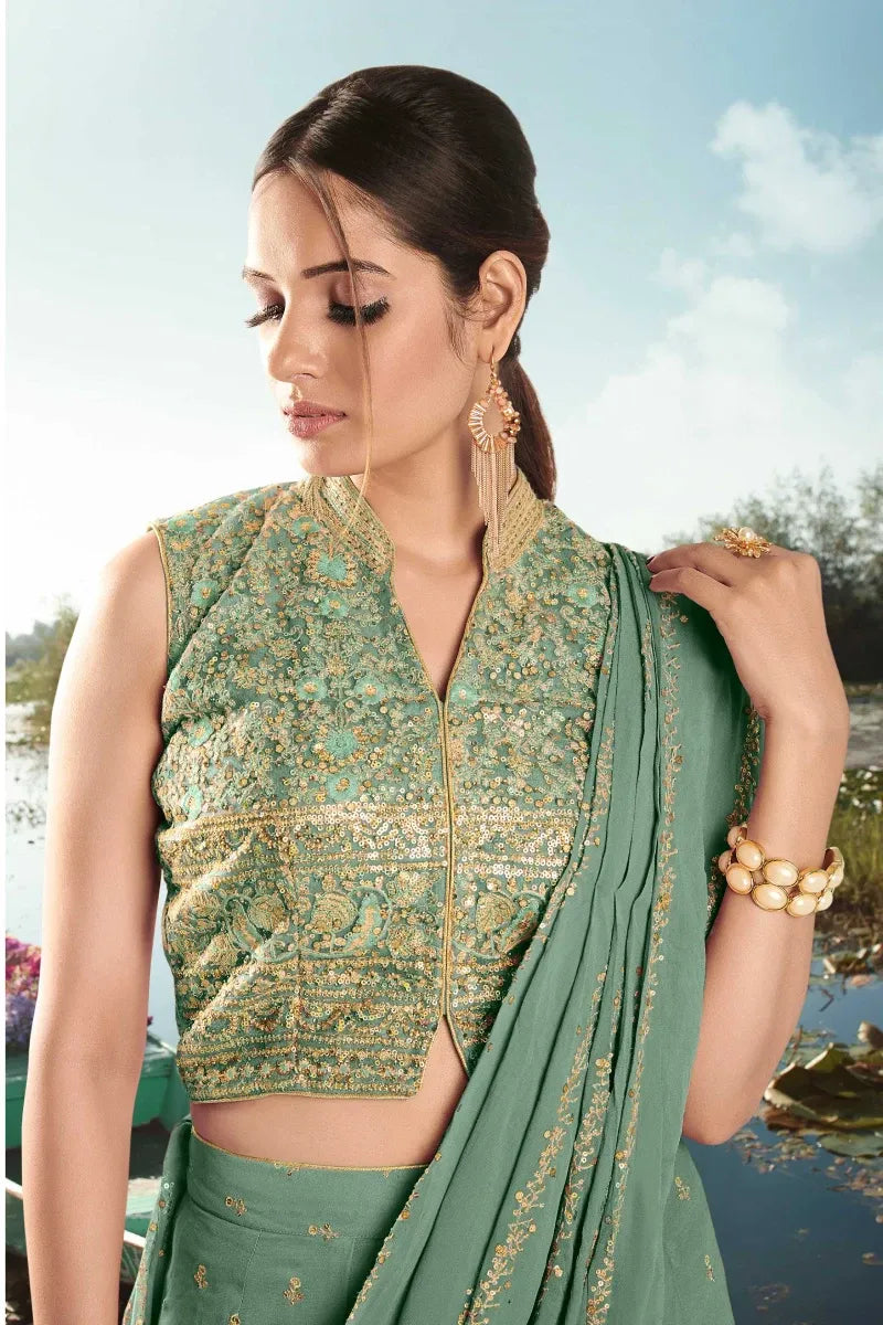Green Embroidered Georgette Suit with Palazzo