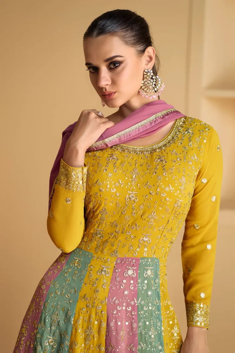 Mustard Embroidered Georgette Gown with Sequins