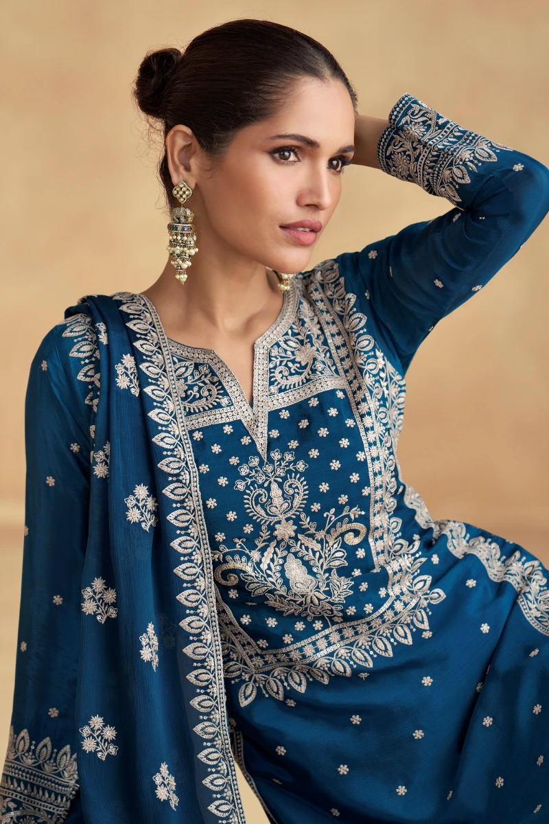 Blue Embroidered Chinon Pant Style Salwar Suit