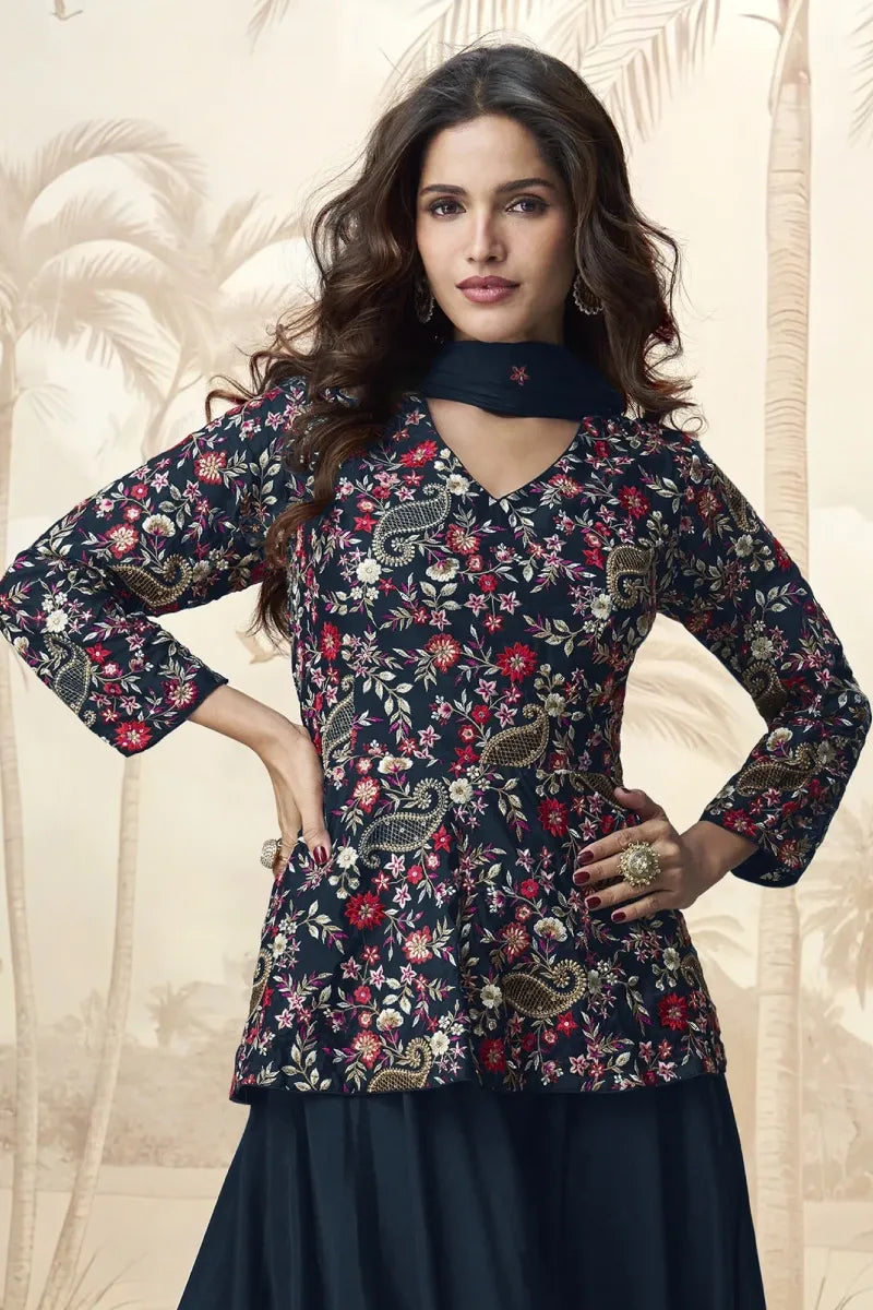 Blue Embroidered Chinon V-Neck Palazzo Style Salwar Suit