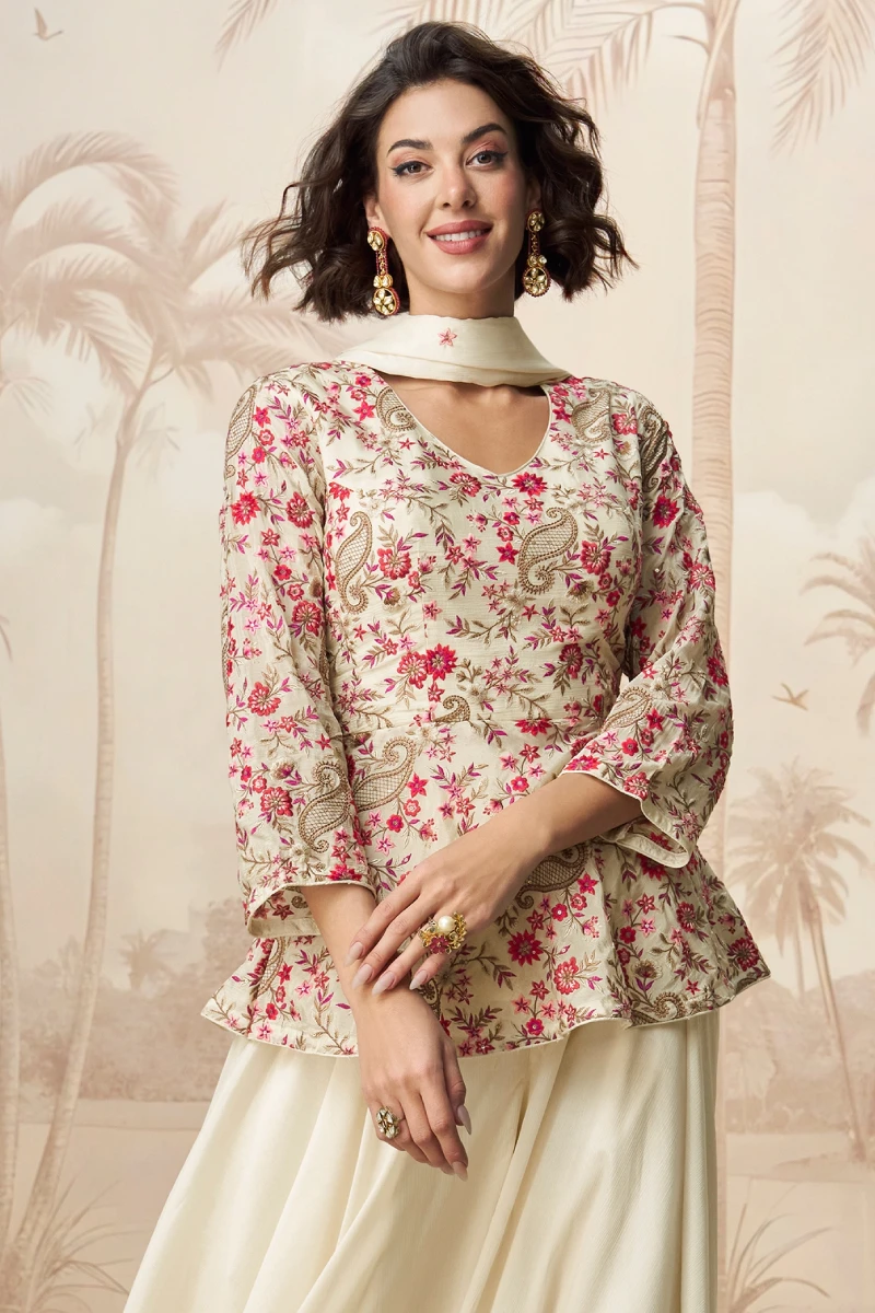 White Embroidered Chinon V-Neck Palazzo Style Salwar Suit