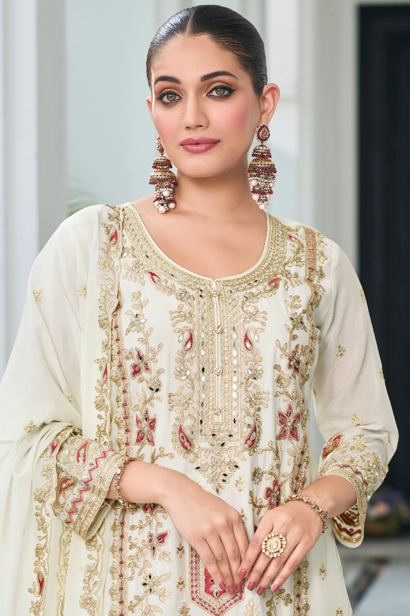 White Embroidered Chinon Palazzo Style Salwar Suit