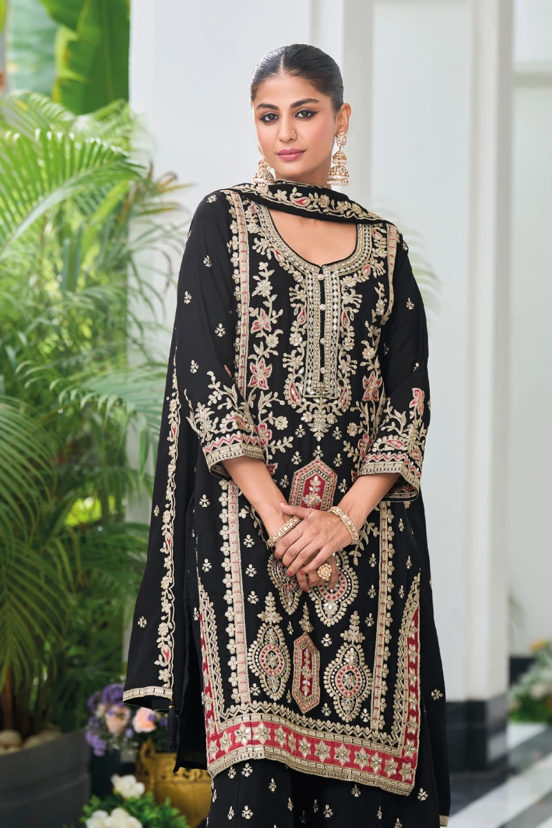 Black Embroidered Chinon Palazzo Style Salwar Suit