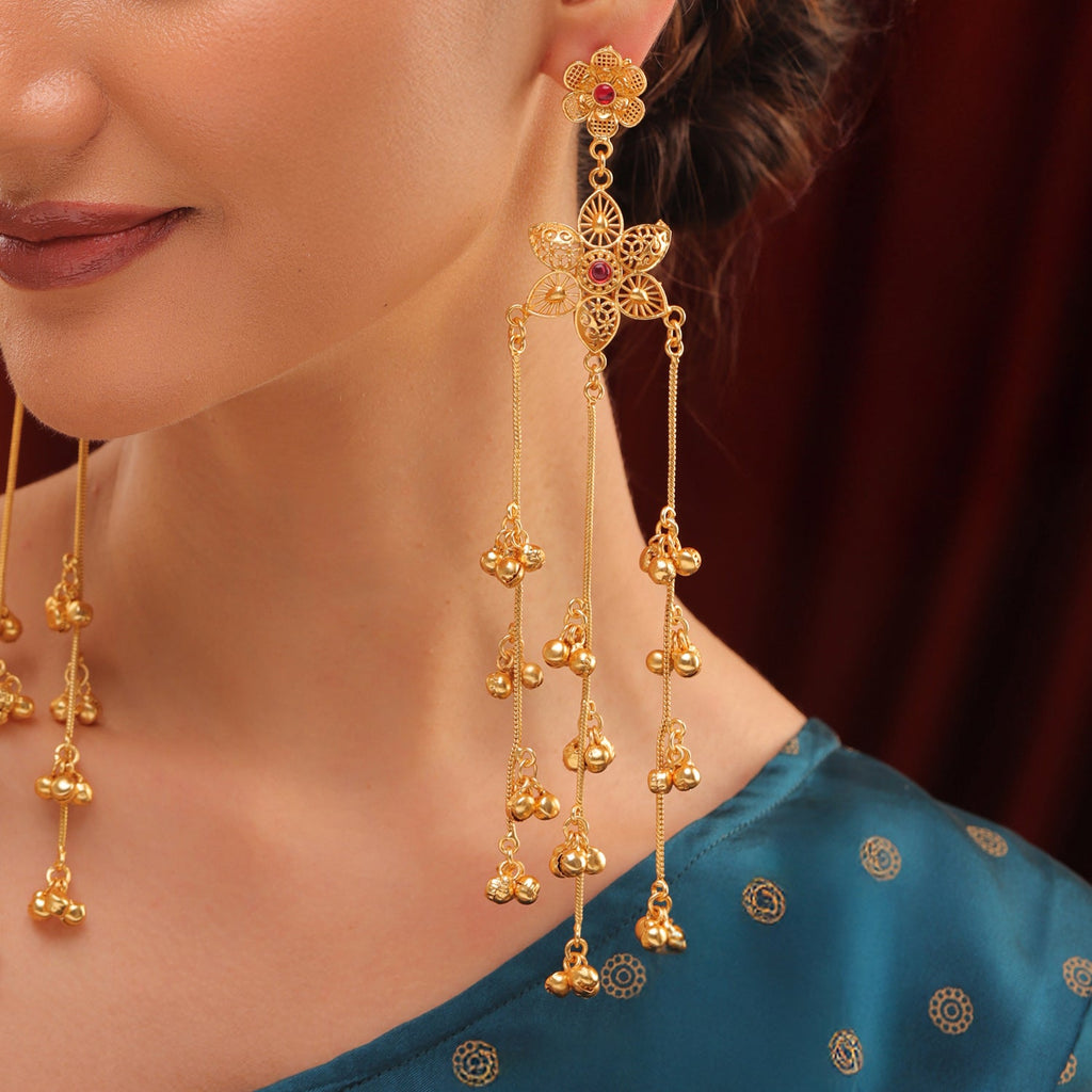 Kashmiri Royal Roshni Long Gold Ghungroo Earrings
