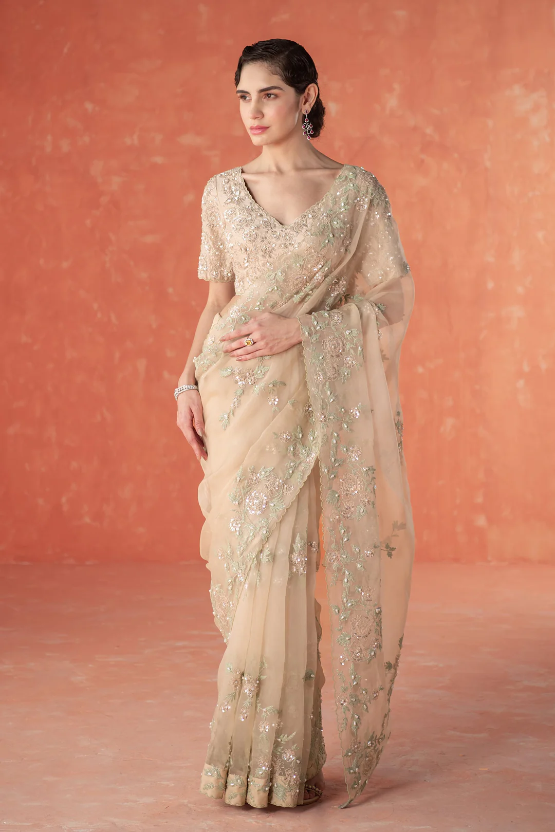 Beige Wild Rose Dori Saree