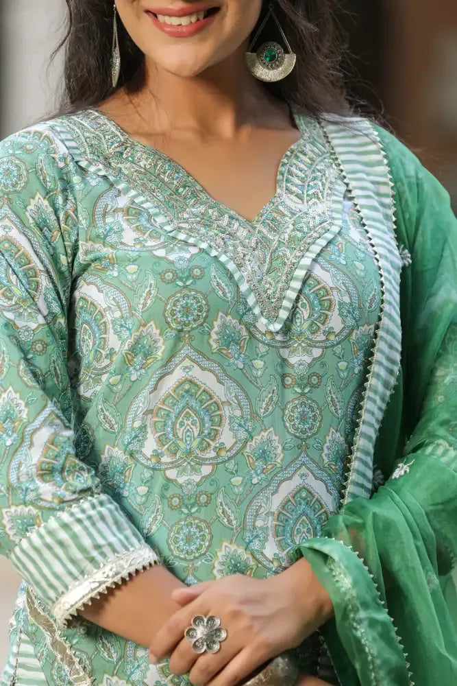 Green Printed Cotton embroidered Kurta Suit- Set of 3