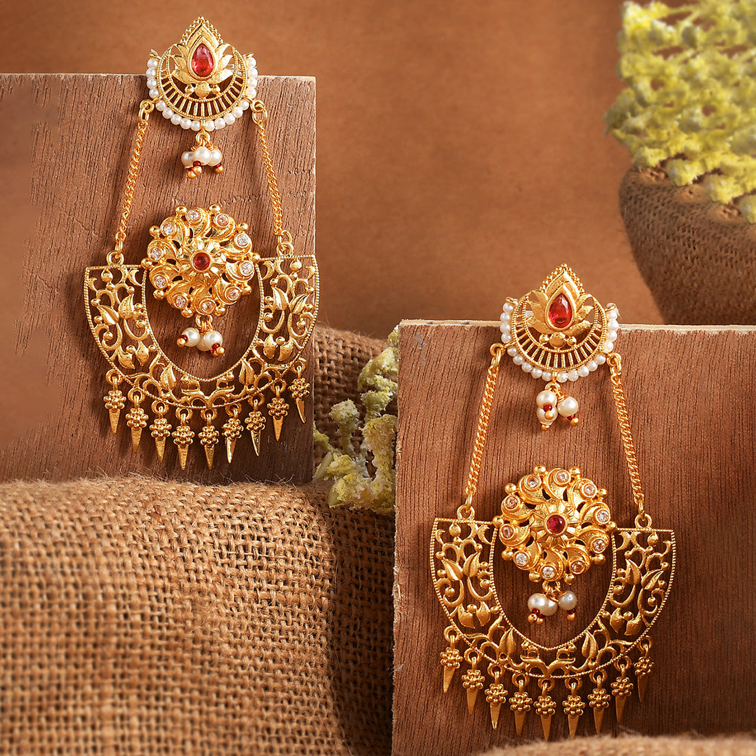 Abharan Red Stones and Pearls Opulent Drop Earrings