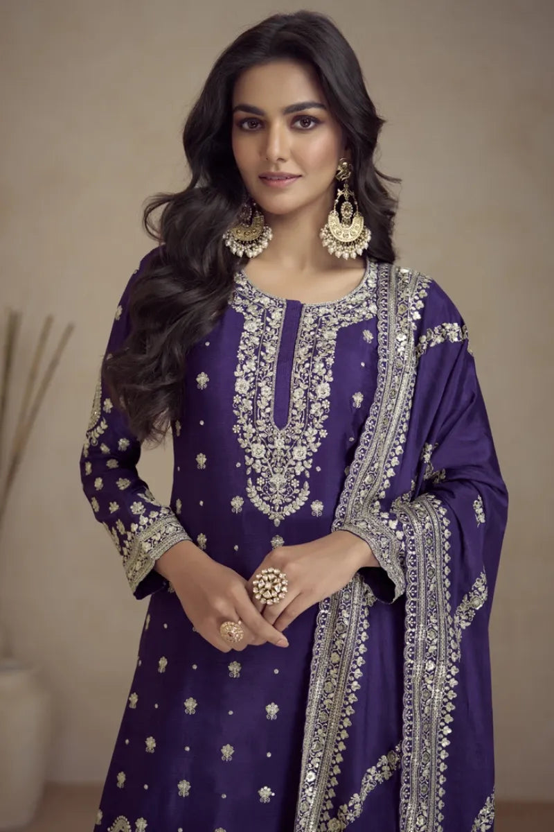 Purple Real Chinon Embroidery Designer Sharara Suit