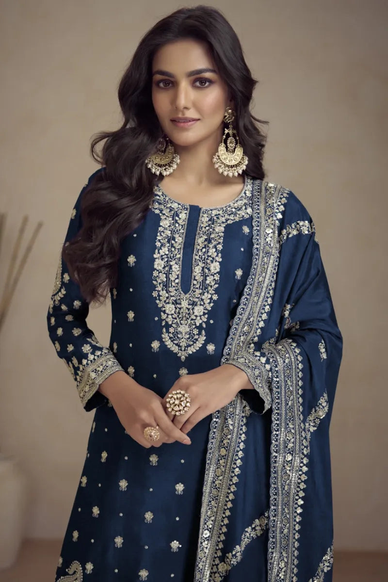 Blue Real Chinon Embroidery Designer Sharara Suit