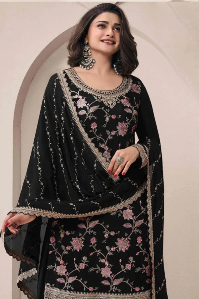Black Chinon Silk Embroidered Sharara Suit