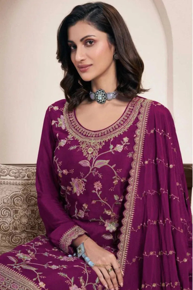 Violet Chinon Silk Embroidered Sharara Suit
