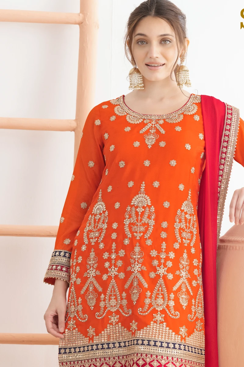 Orange Chinon Suit with Dual Colour Dupatta