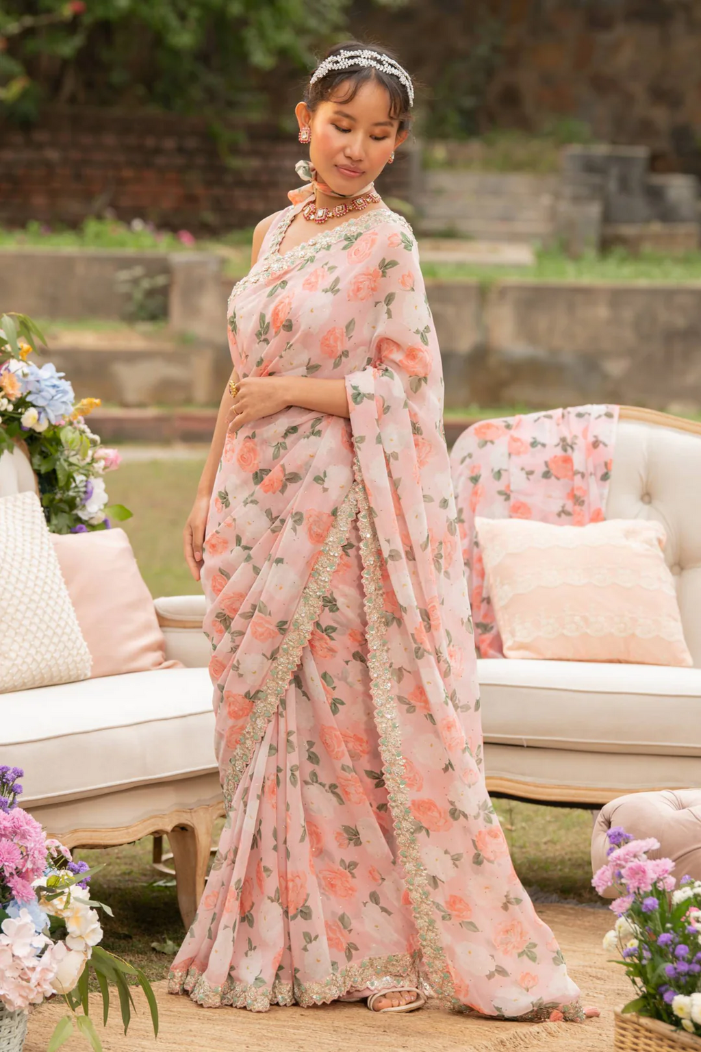 Beige Citrus Rose Sequin Flower Saree