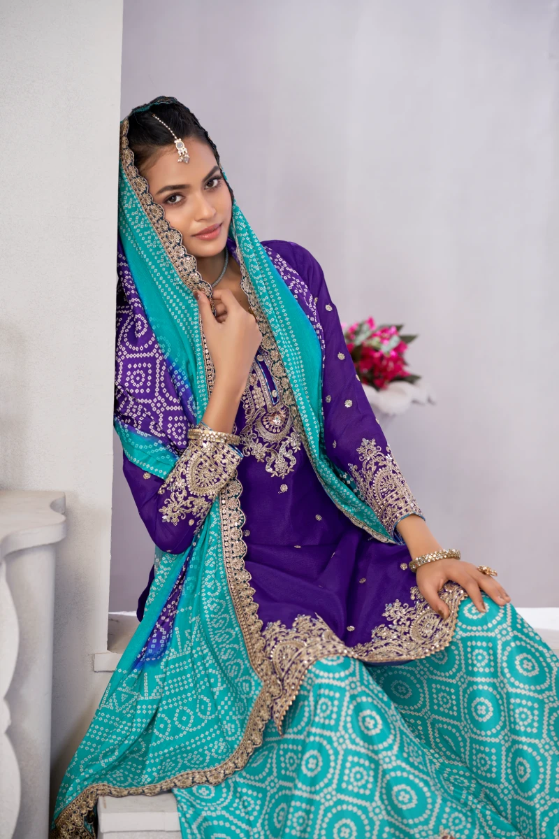 Puple & blue Chinon Embroidered Palazzo Suit