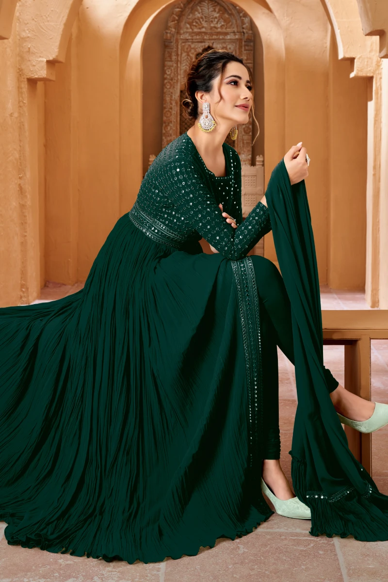 Green Crushed Georgette Mirror Work Slit Style Anarkali Suit