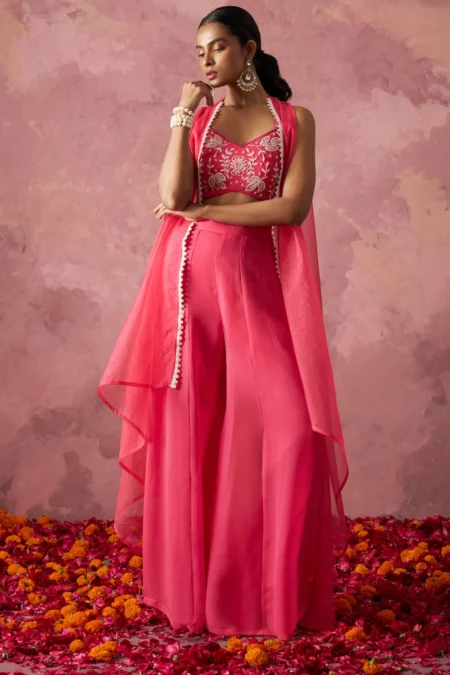 Pink Georgette Palazzo Suit with Embroidered Organza Jacket