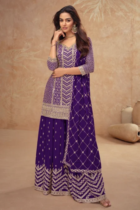 Purple Chinnon Palazzo Suit with Embroidery & Sequins