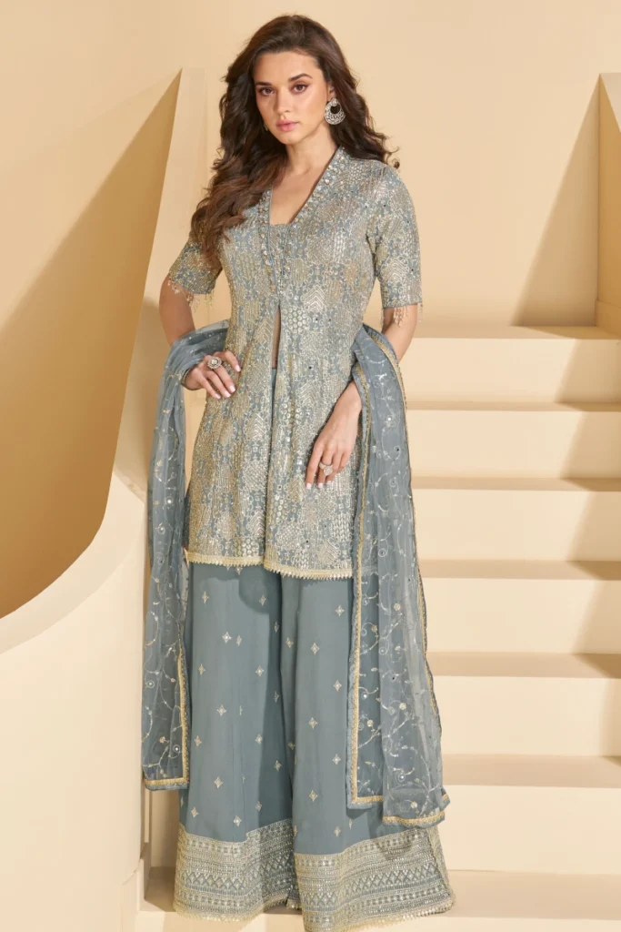 Blue Georgette Anarkali Palazzo Suit