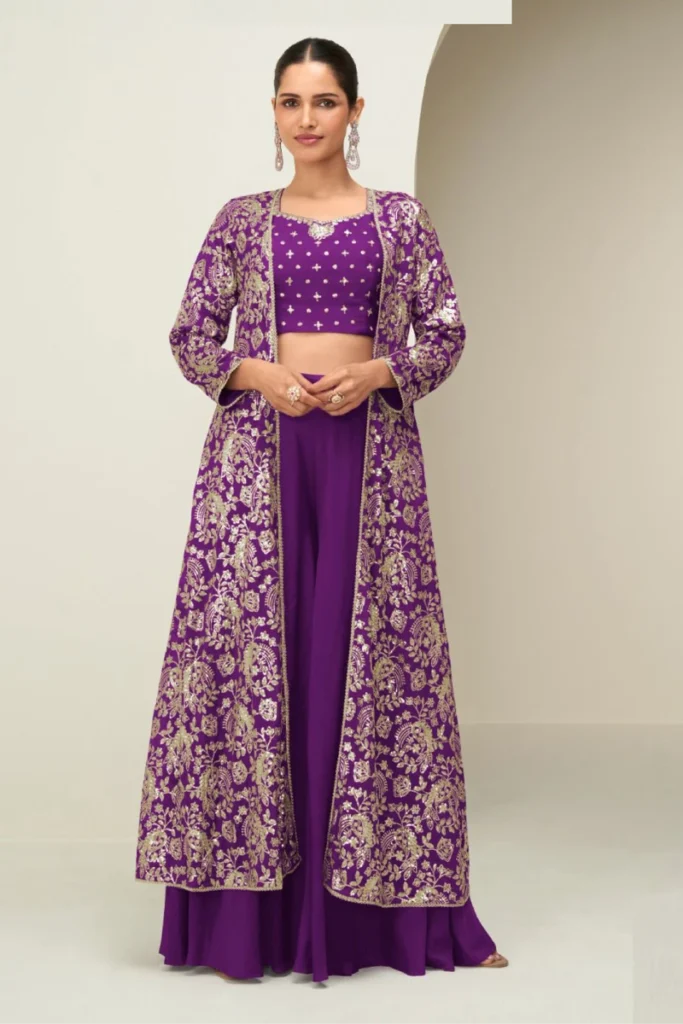 Lavender Chinnon Silk Palazzo Suit with Embroidered Jacket