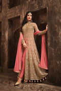 Beige & Pink Net Anarkali Suit with Zari & Diamond Wor