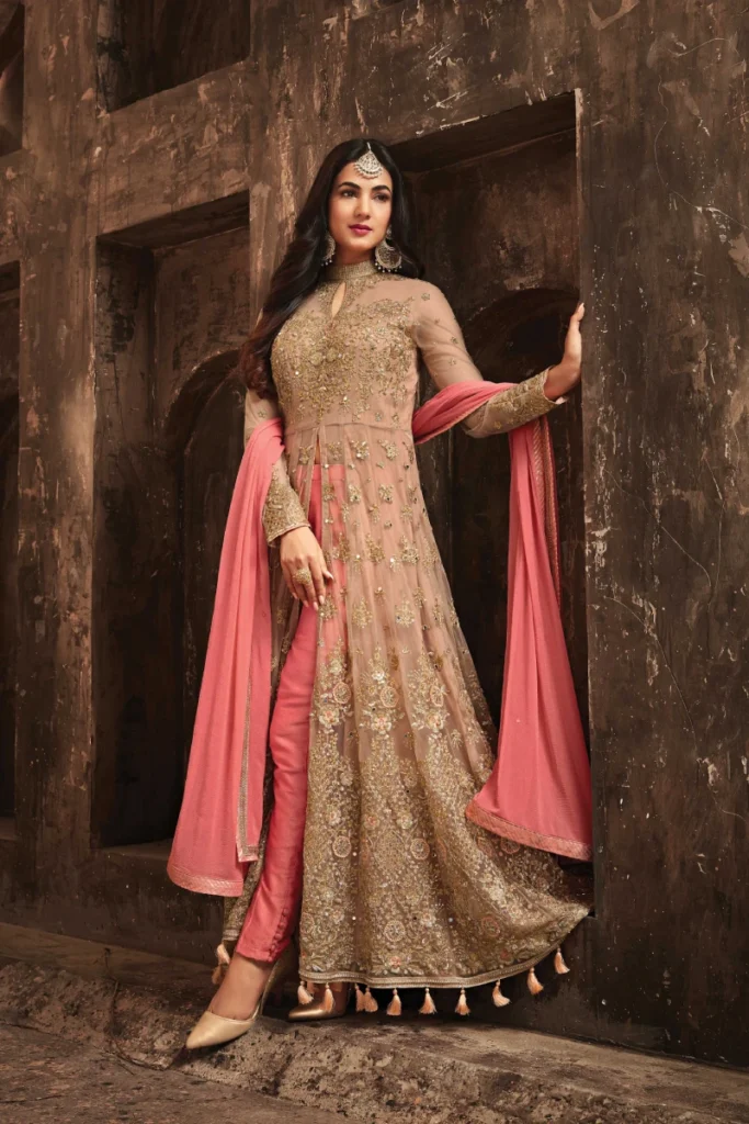 Beige & Pink Net Anarkali Suit with Zari & Diamond Wor