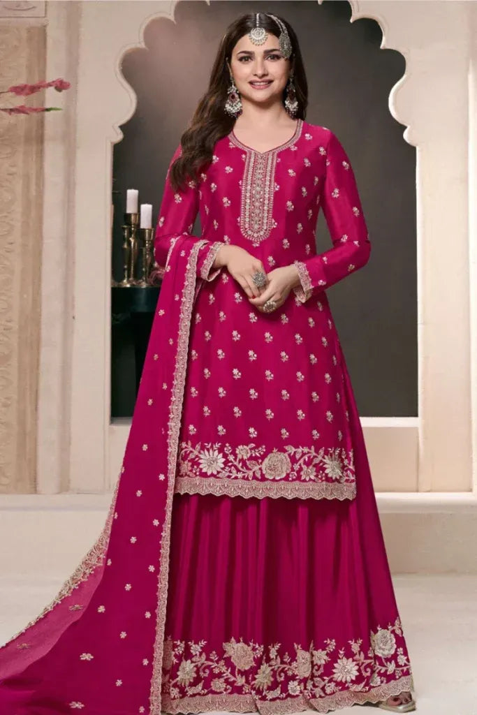 Pink Chinon Silk Thread Work Sharara Suit