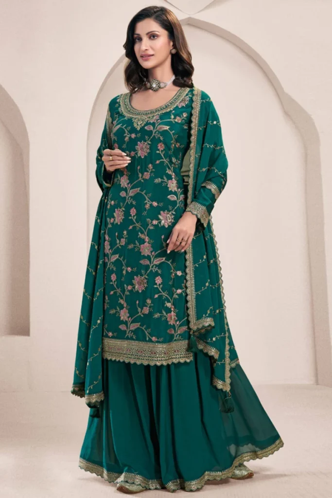 Aqua Green Chinon Silk Embroidered Sharara Suit