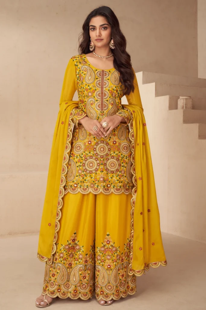 Yellow Chinon Palazzo Suit with Dupatta