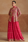 Red Chinon Jacket Style Palazzo Suit with Dupatta