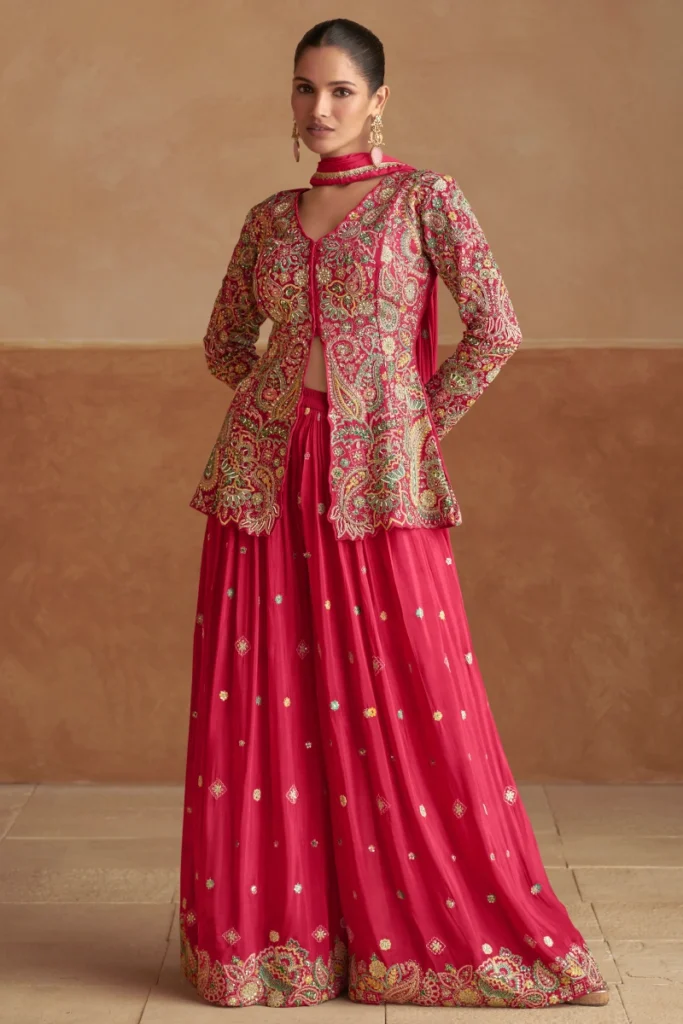 Red Chinon Jacket Style Palazzo Suit with Dupatta