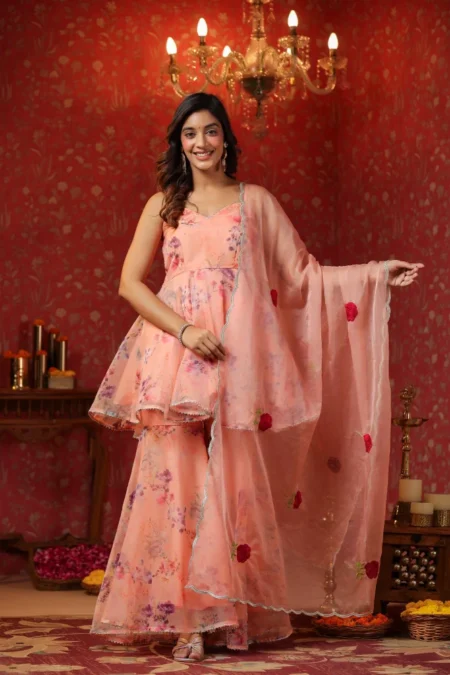 Salmon Organza Sharara Set