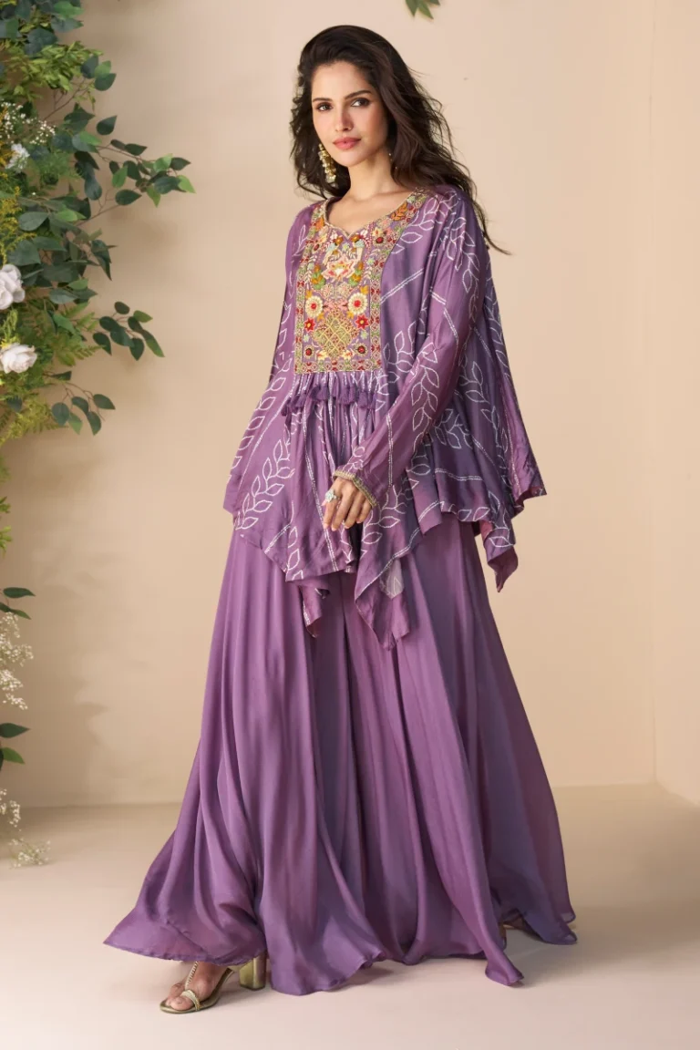 Violet Chinon Silk Palazzo Suit with Hand Embellished Poncho Top