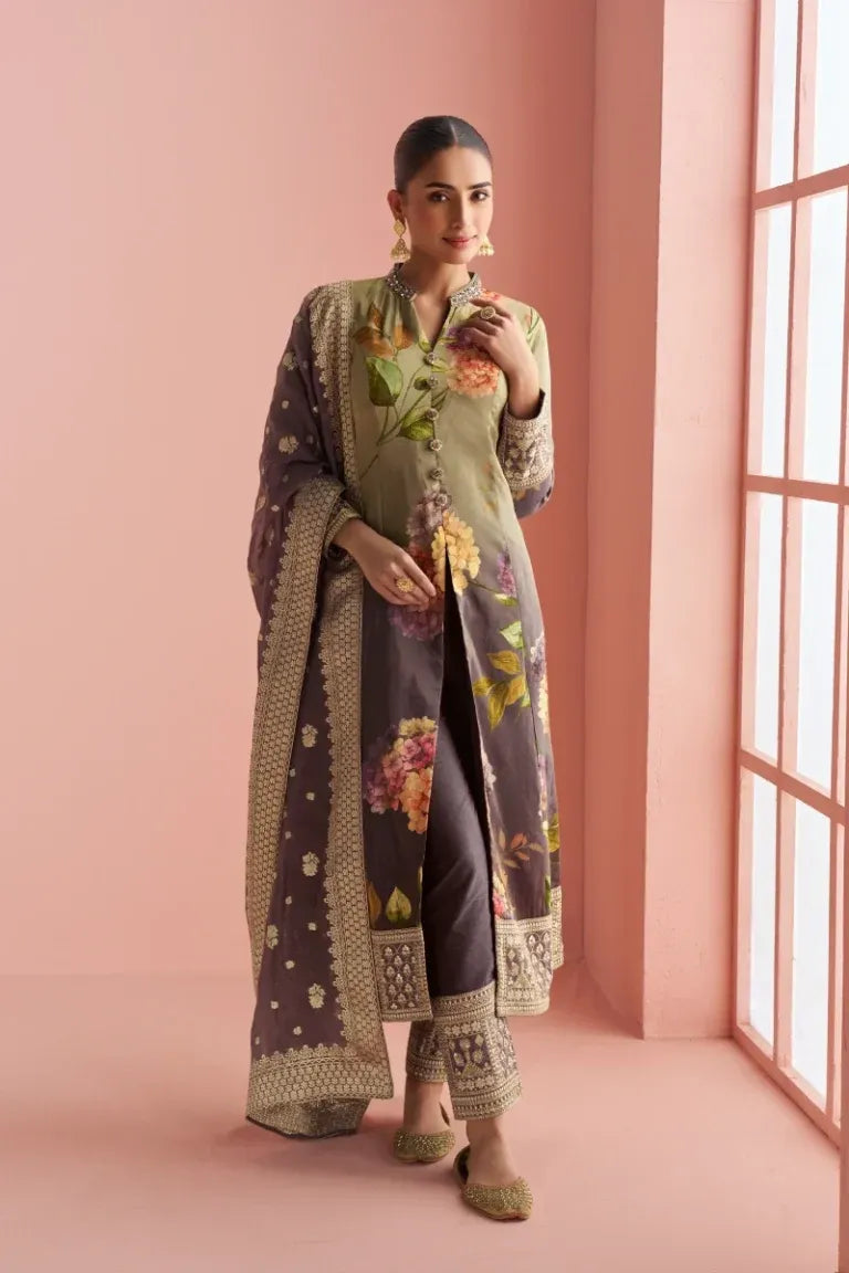 Multicolor Silk Slit Style Suit with Jacquard Dupatta
