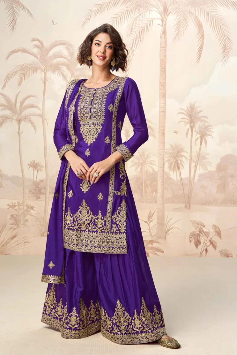 Purple Embroidered Chinnon Silk Palazzo Suit