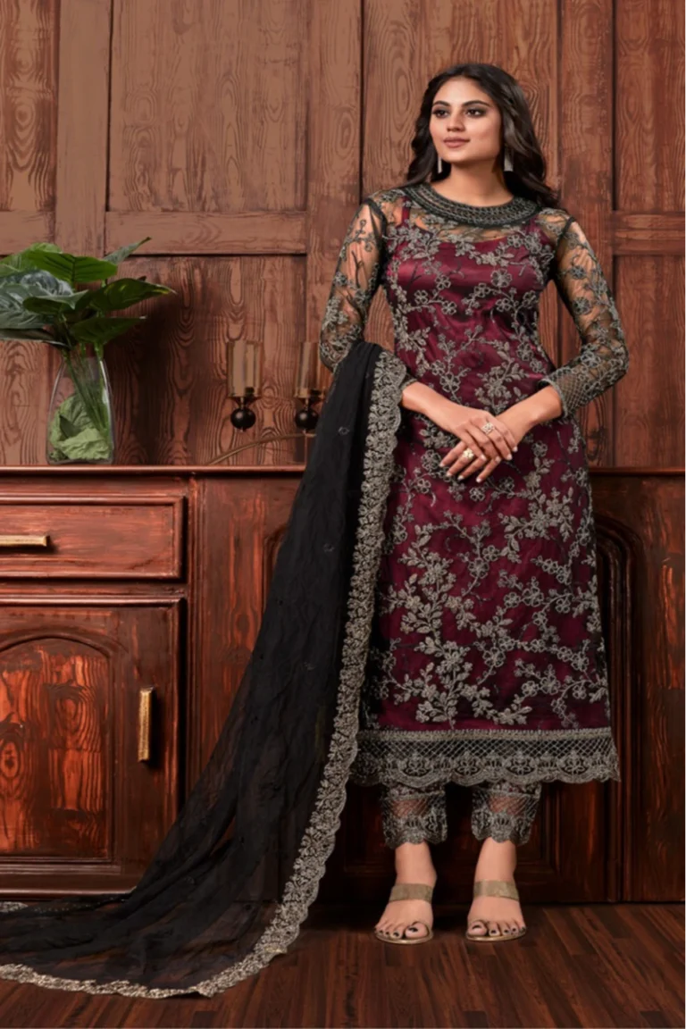 Wine Net Straight Pant Suit