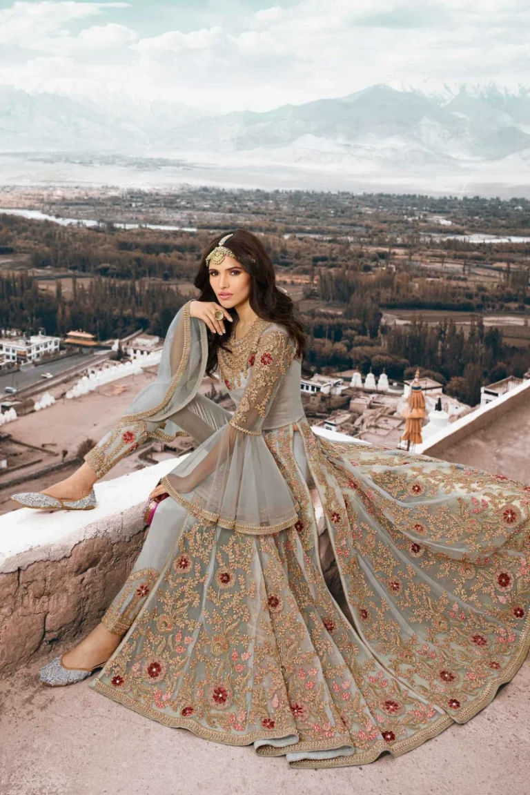 Grey Net Anarkali Suit with Pant