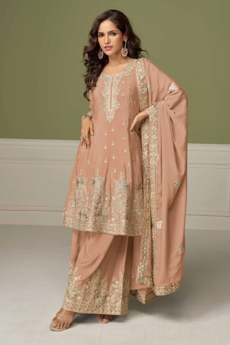 Light Brown Chinnon Silk Embroidered Anarkali Palazzo Suit with Dupatta