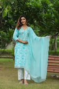 Ice Blue Embroidered Cotton Floral Print Kurta Suit set of 3