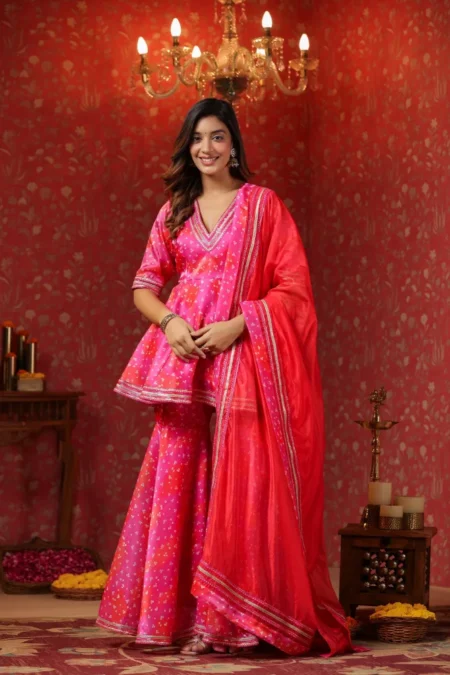 Pink Bandhani Jimmy Choo Sharara Set Of 3